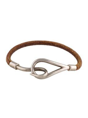Hermes Jumbo Hook Bracelet Stainless Steel Leather Silver Brown